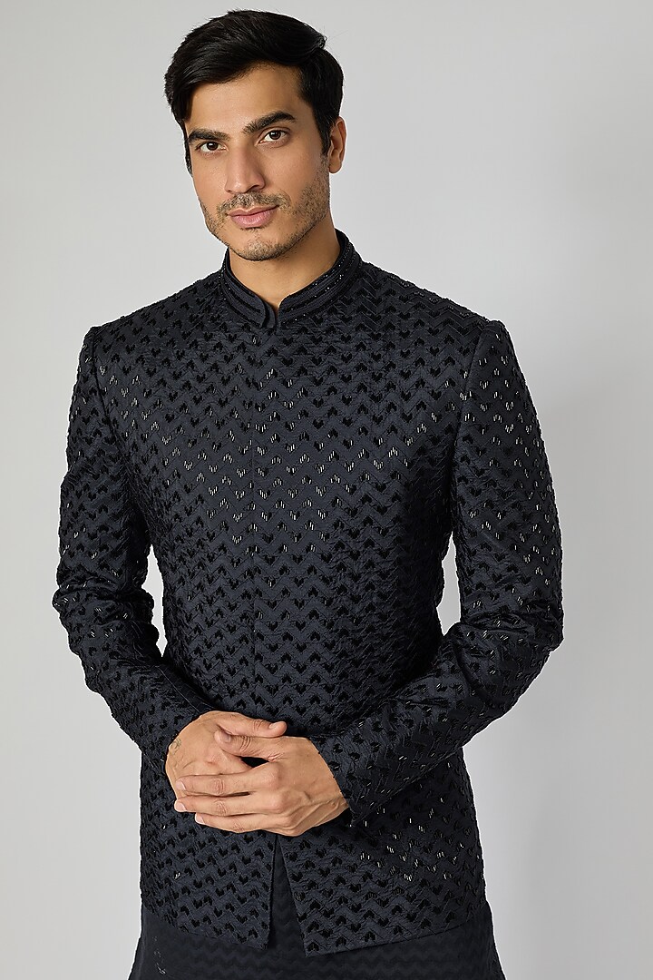 Navy Blue Silk Cutdana Embroidered Groom Bandhgala Set by Sawan Gandhi Men at Pernia's Pop Up Shop