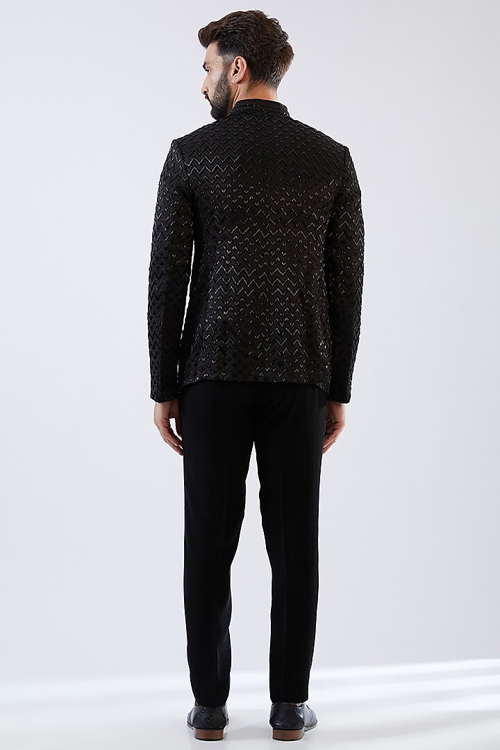 Black Georgette Cutdana Embroidered Groom Bandhgala Set by Sawan Gandhi Men at Pernia's Pop Up Shop