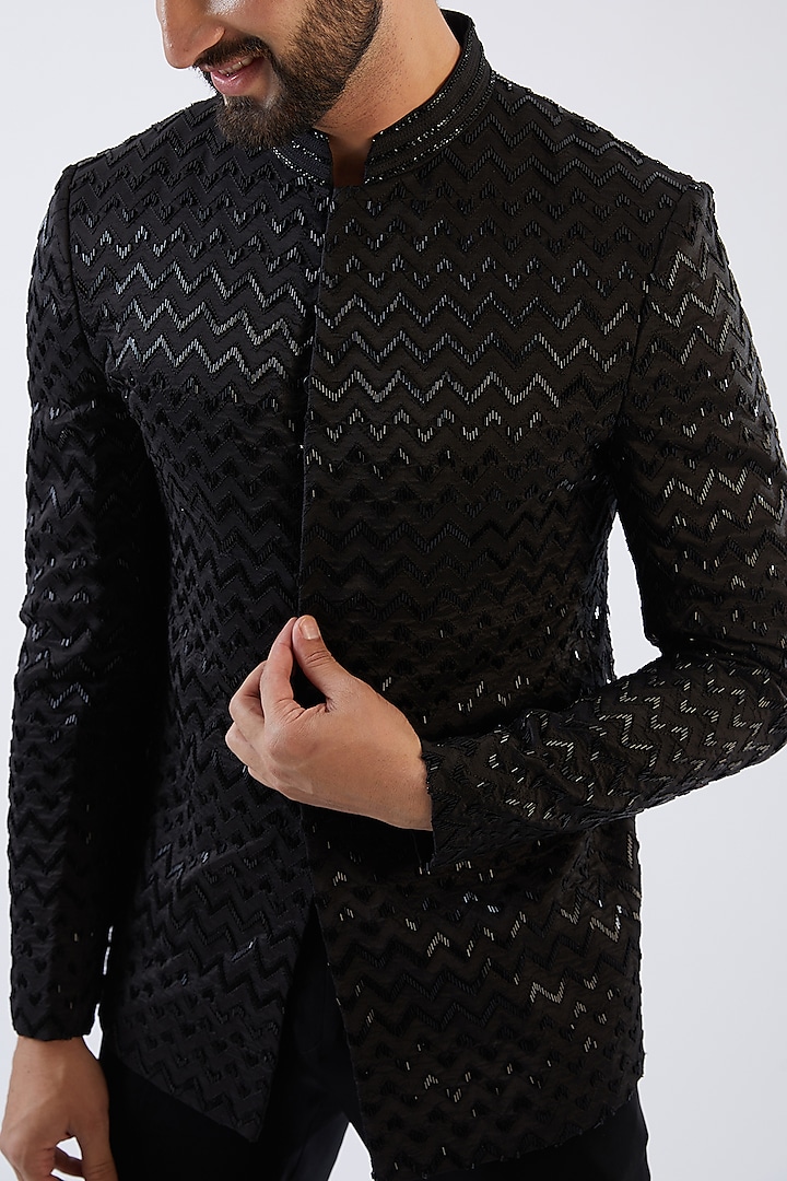Black Georgette Cutdana Embroidered Groom Bandhgala Set by Sawan Gandhi Men at Pernia's Pop Up Shop