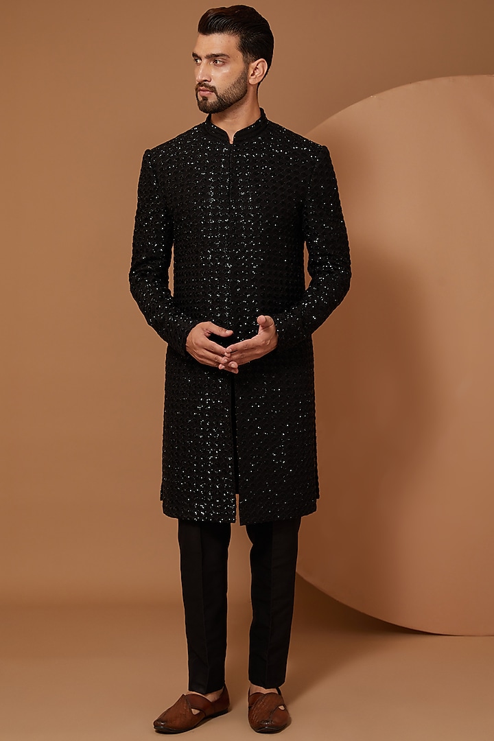 Black Georgette Cutdana Embroidered Sherwani Set by Sawan Gandhi Men