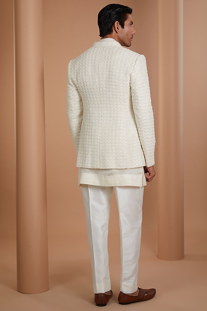 Ivory Chanderi Embroidered Groom Indowestern Set by Sawan Gandhi Men at Pernia's Pop Up Shop