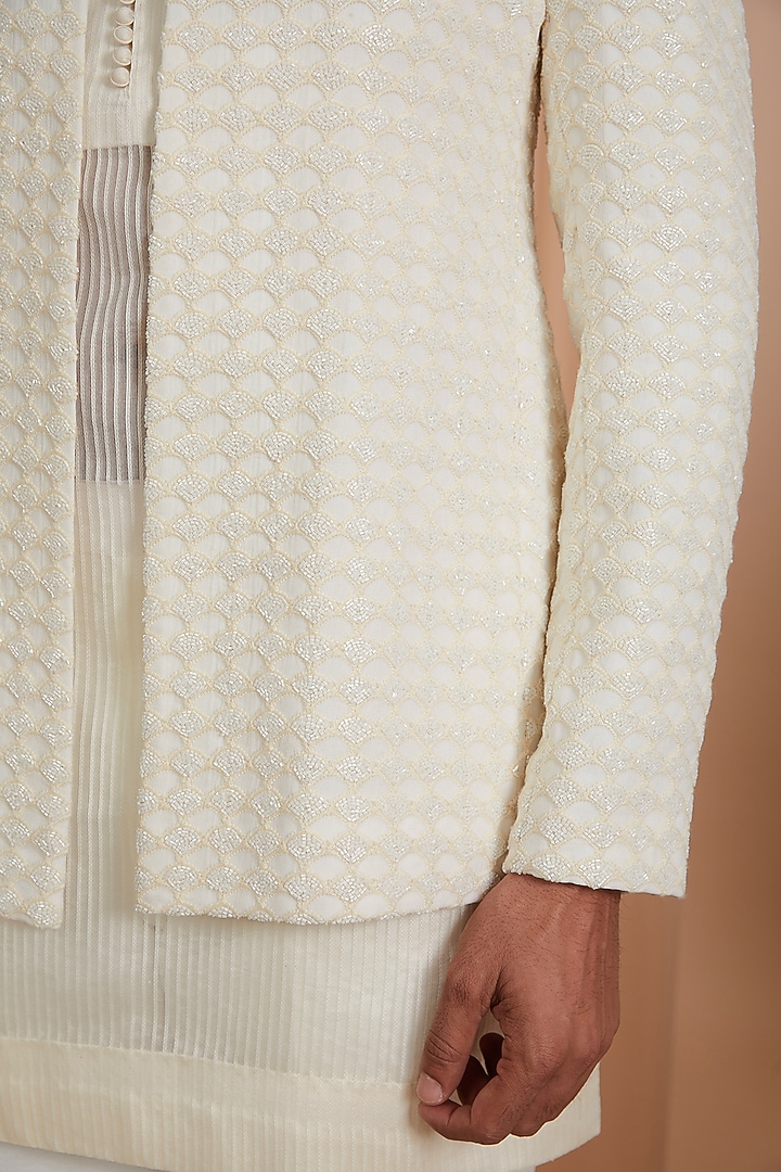 Ivory Chanderi Embroidered Groom Indowestern Set by Sawan Gandhi Men at Pernia's Pop Up Shop