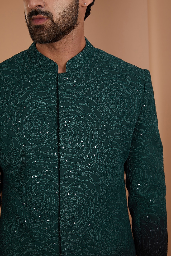 Black & Teal Ombre Georgette Sequins Embroidered Groom Sherwani Set by Sawan Gandhi Men at Pernia's Pop Up Shop