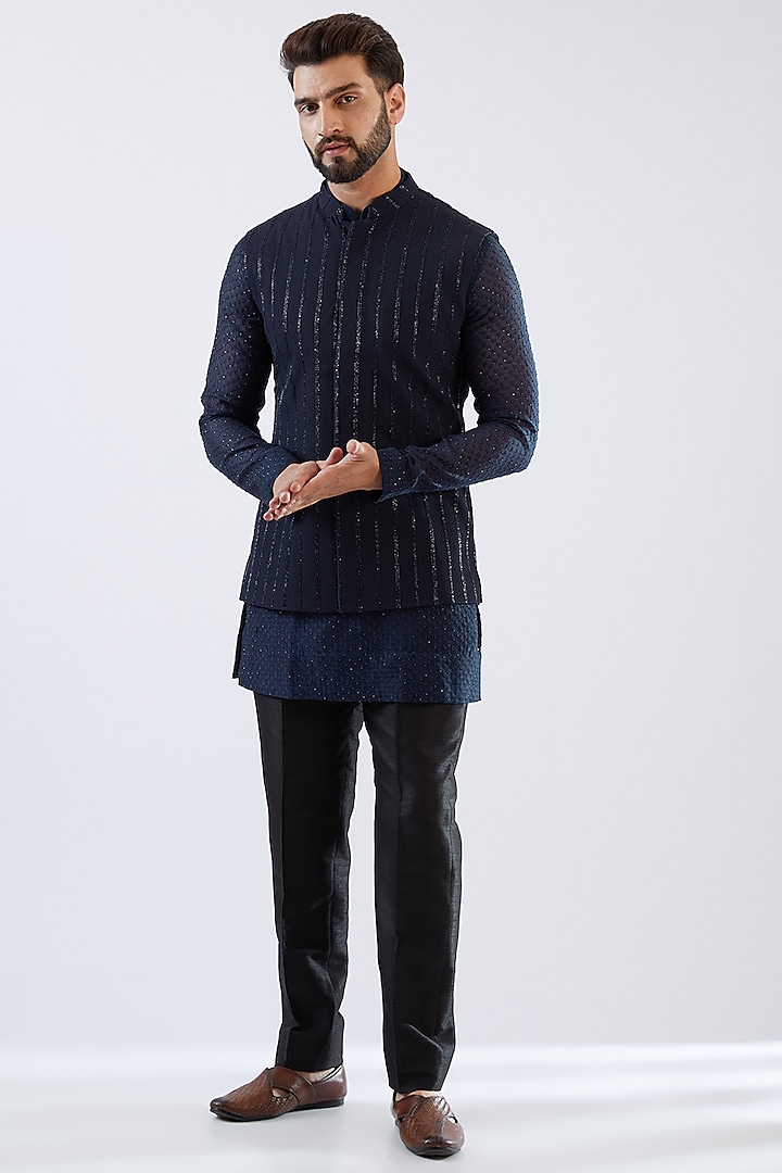 Blue Georgette Embroidered Nehru Jacket Set by Sawan Gandhi Men