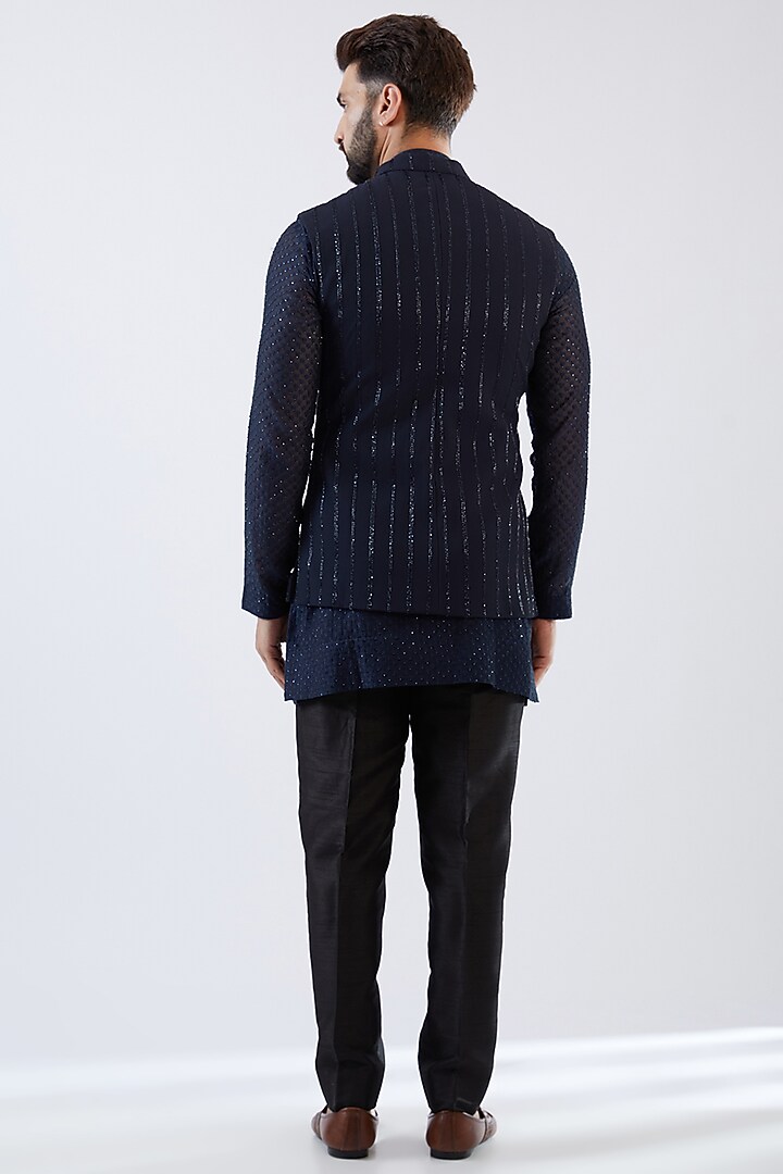 Blue Georgette Embroidered Nehru Jacket Set by Sawan Gandhi Men at Pernia's Pop Up Shop