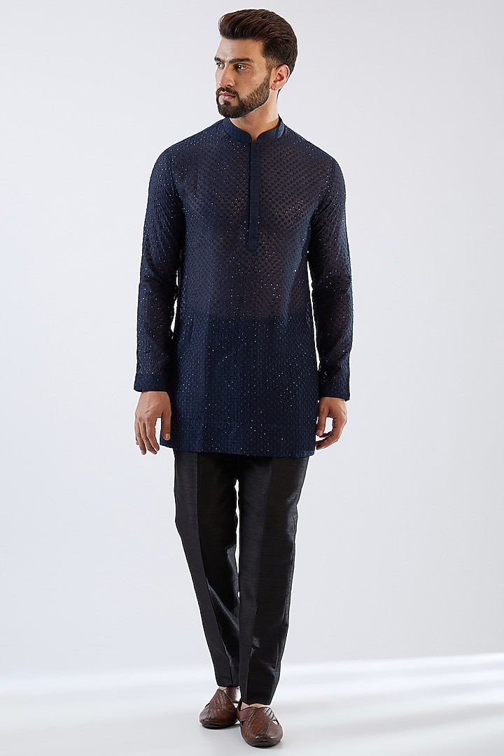 Blue Georgette Embroidered Nehru Jacket Set by Sawan Gandhi Men at Pernia's Pop Up Shop