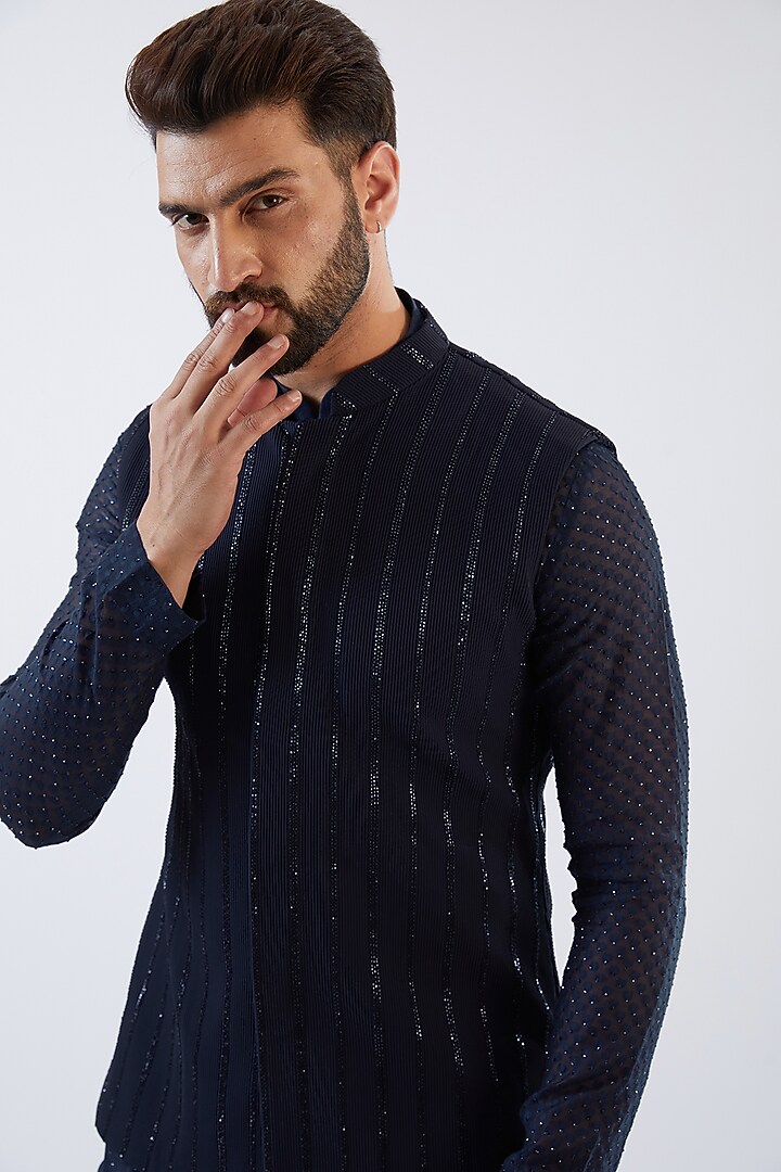 Blue Georgette Embroidered Nehru Jacket Set by Sawan Gandhi Men at Pernia's Pop Up Shop