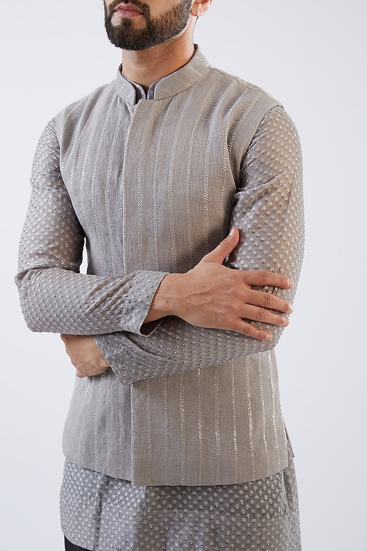 Grey Georgette Embroidered Nehru Jacket Set by Sawan Gandhi Men at Pernia's Pop Up Shop