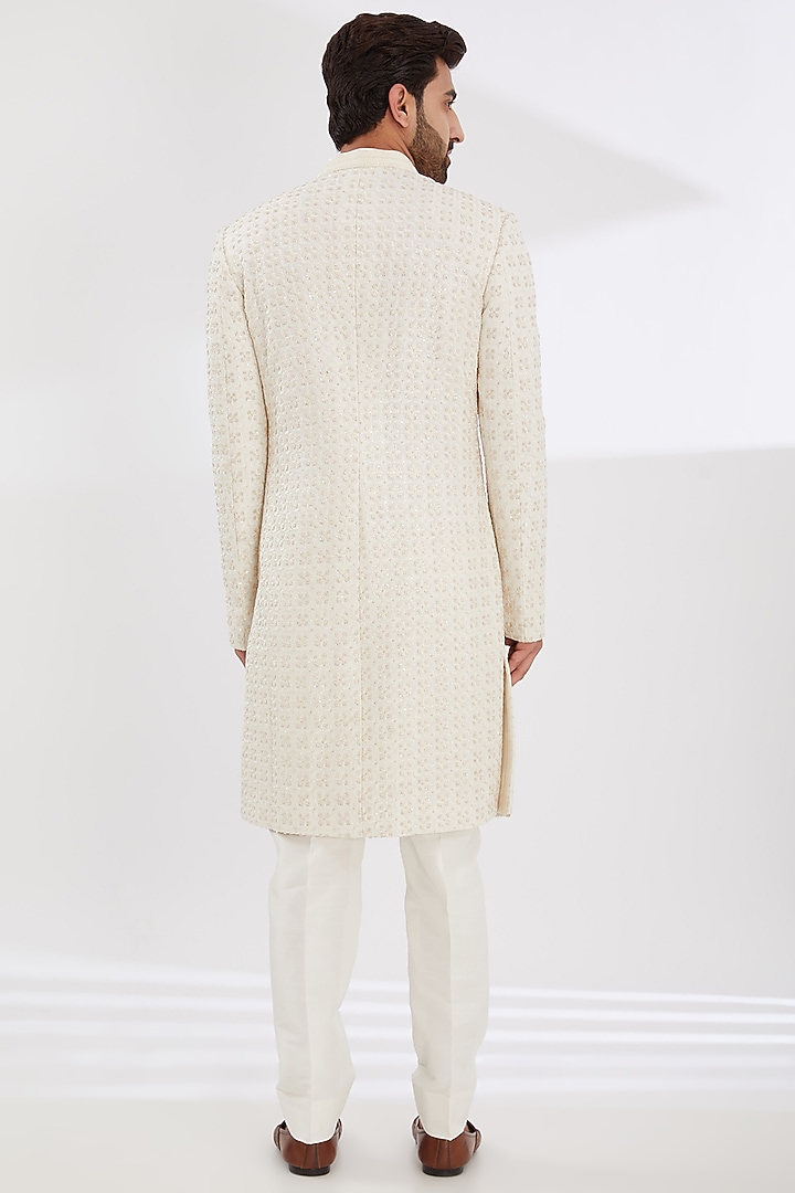 Ivory Georgette Chikankari & Sequins Embroidered Groom Sherwani Set by Sawan Gandhi Men at Pernia's Pop Up Shop