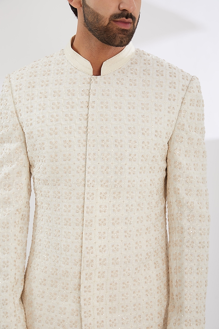 Ivory Georgette Chikankari & Sequins Embroidered Groom Sherwani Set by Sawan Gandhi Men at Pernia's Pop Up Shop