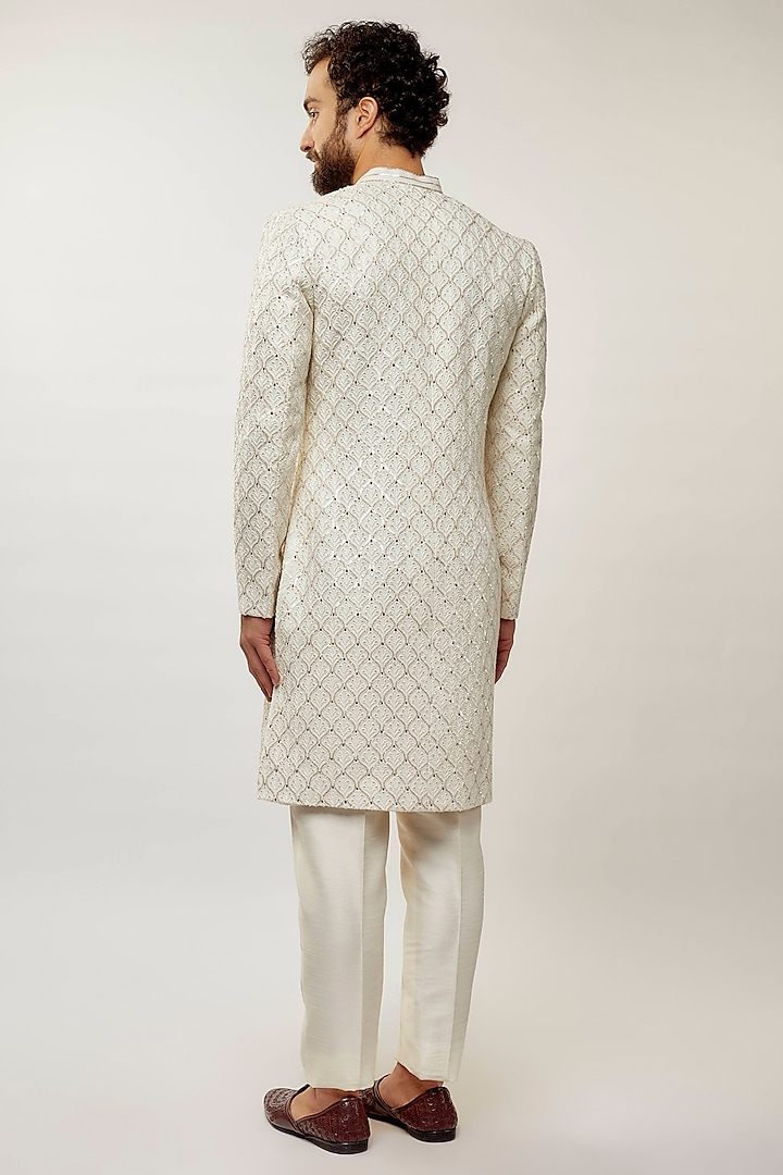 Ivory Georgette Embroidered Groom Sherwani Set by Sawan Gandhi Men at Pernia's Pop Up Shop