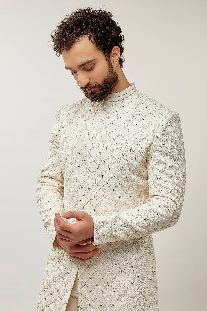 Ivory Georgette Embroidered Groom Sherwani Set by Sawan Gandhi Men at Pernia's Pop Up Shop