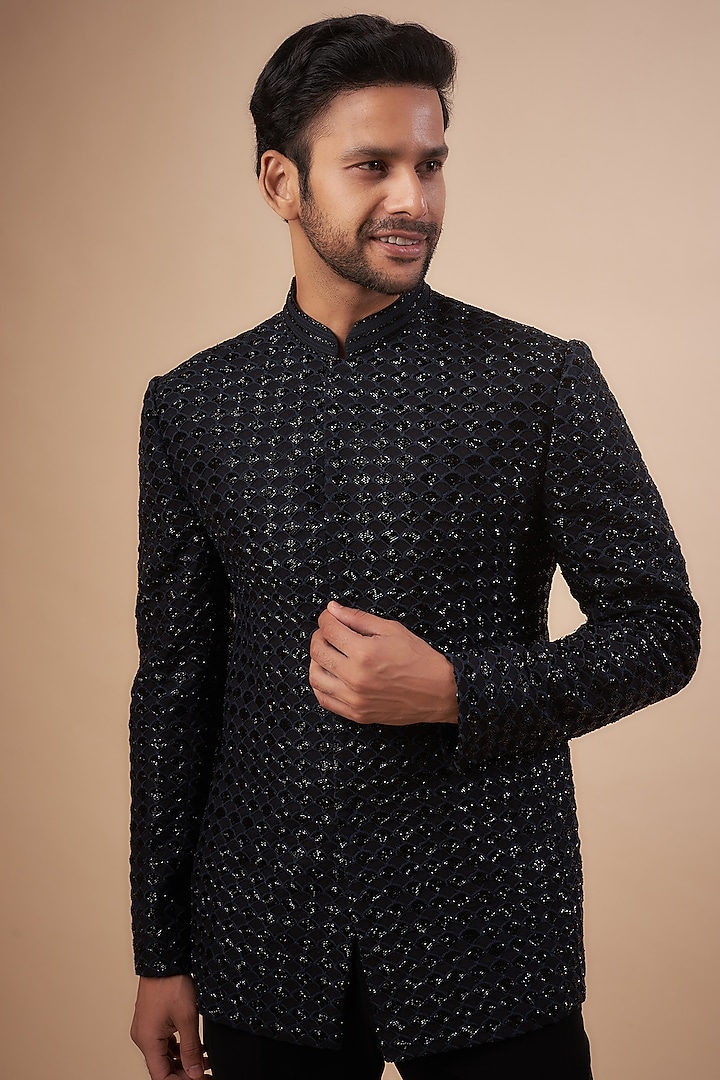 Blue Georgette Cutdana Embroidered Groom Bandhgala Set by Sawan Gandhi Men at Pernia's Pop Up Shop