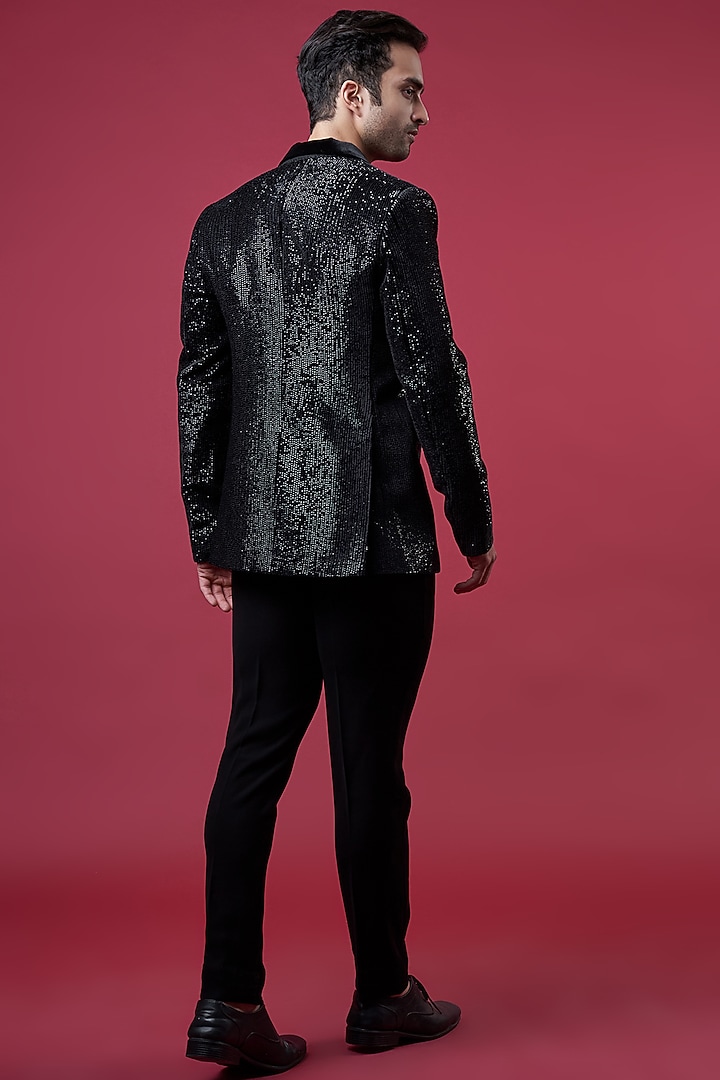 Black Velvet Sequins Work Tuxedo Jacket by Sawan Gandhi Men at Pernia's Pop Up Shop