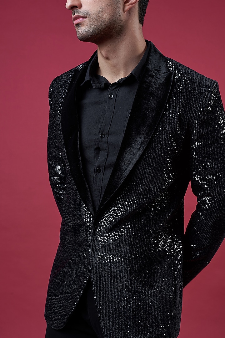 Black Velvet Sequins Work Tuxedo Jacket by Sawan Gandhi Men at Pernia's Pop Up Shop