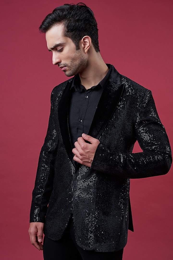Black Velvet Sequins Work Tuxedo Jacket by Sawan Gandhi Men at Pernia's Pop Up Shop