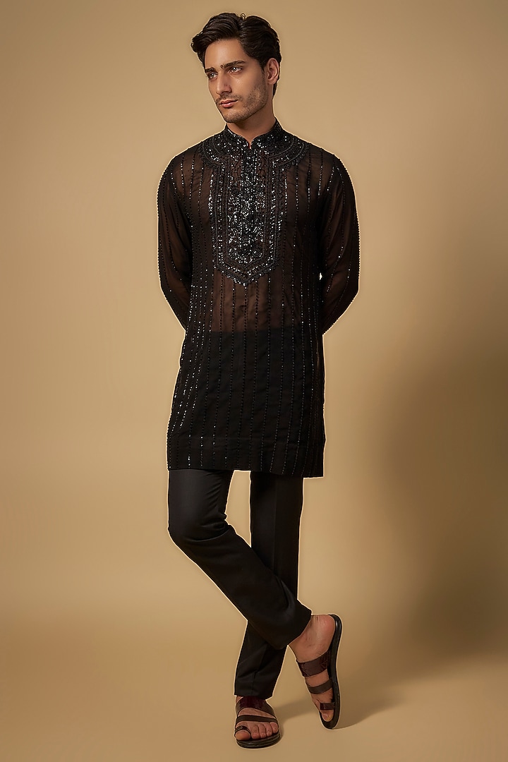 Black Chanderi Kurta by Sawan Gandhi Men at Pernia's Pop Up Shop