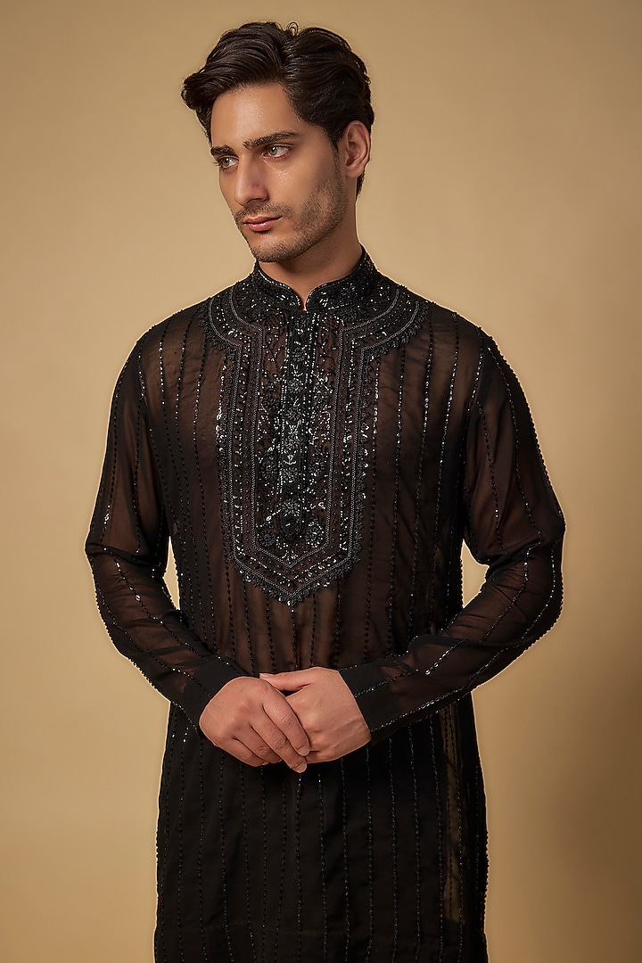 Black Chanderi Kurta by Sawan Gandhi Men at Pernia's Pop Up Shop
