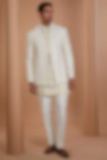 Ivory Chanderi Thread Embroidered Groom Indowestern Set by Sawan Gandhi Men at Pernia's Pop Up Shop