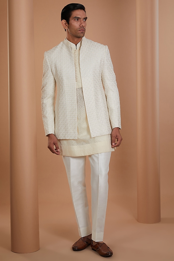 Ivory Chanderi Thread Embroidered Groom Indowestern Set by Sawan Gandhi Men at Pernia's Pop Up Shop