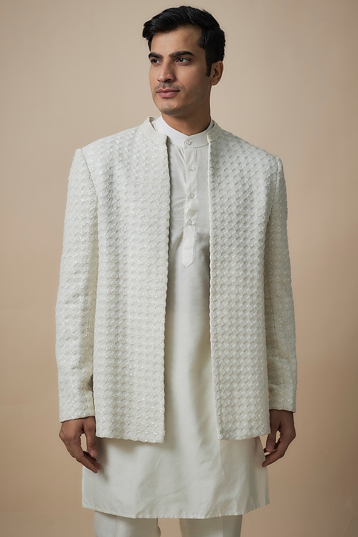 Ivory Silk Indowestern Set by Sawan Gandhi Men at Pernia's Pop Up Shop