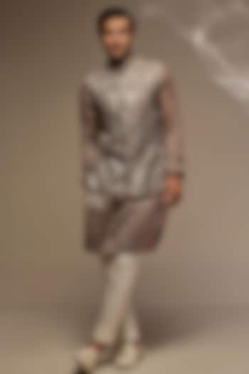 Grey Silk Bundi Jacket With Kurta by Sawan Gandhi Men at Pernia's Pop Up Shop