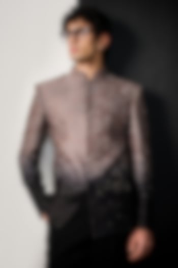 Taupe & Black Silk Groom Bandhgala Jacket by Sawan Gandhi Men at Pernia's Pop Up Shop