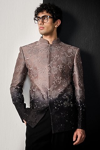 Taupe & Black Silk Bandhgala Jacket by Sawan Gandhi Men