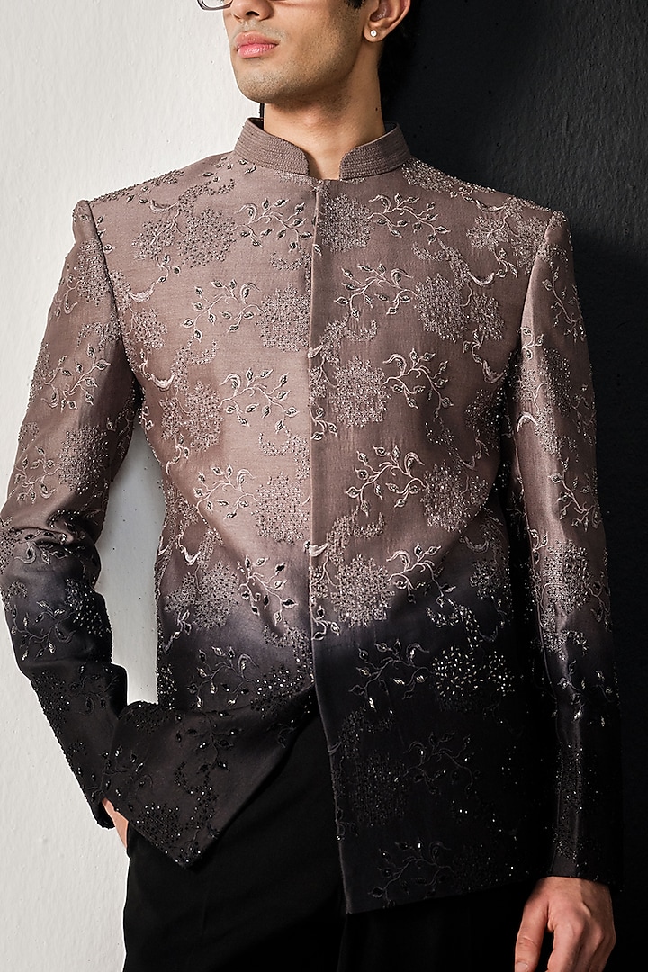 Taupe & Black Silk Groom Bandhgala Jacket by Sawan Gandhi Men at Pernia's Pop Up Shop