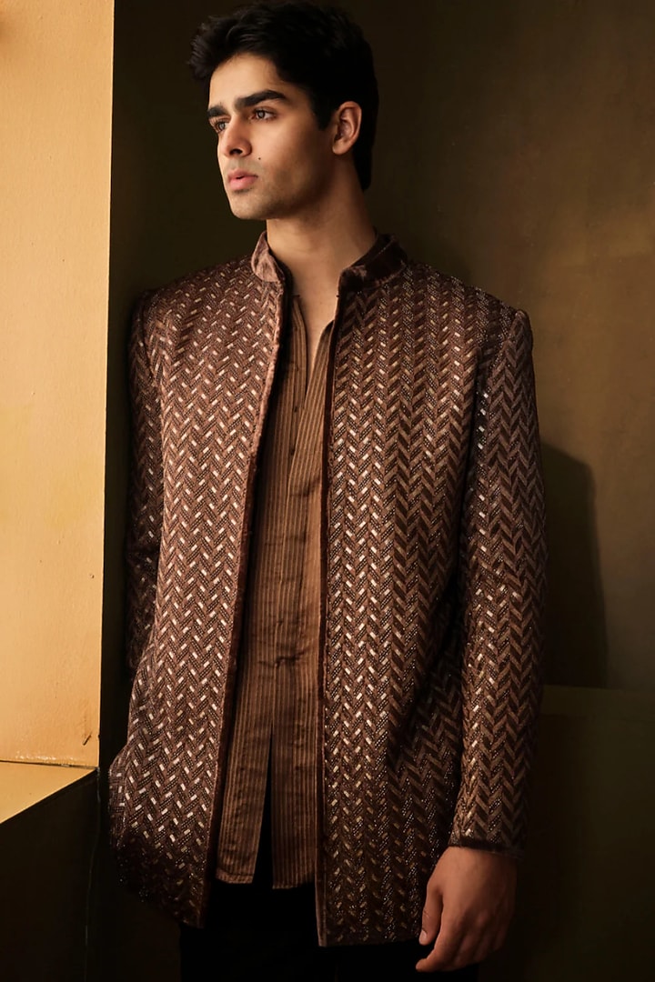 Brown Velvet Indo-Western Jacket With Kurta by Sawan Gandhi Men at Pernia's Pop Up Shop