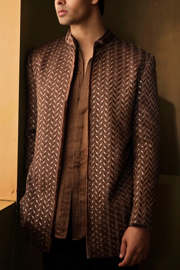 Brown Velvet Indo-Western Jacket With Kurta by Sawan Gandhi Men at Pernia's Pop Up Shop