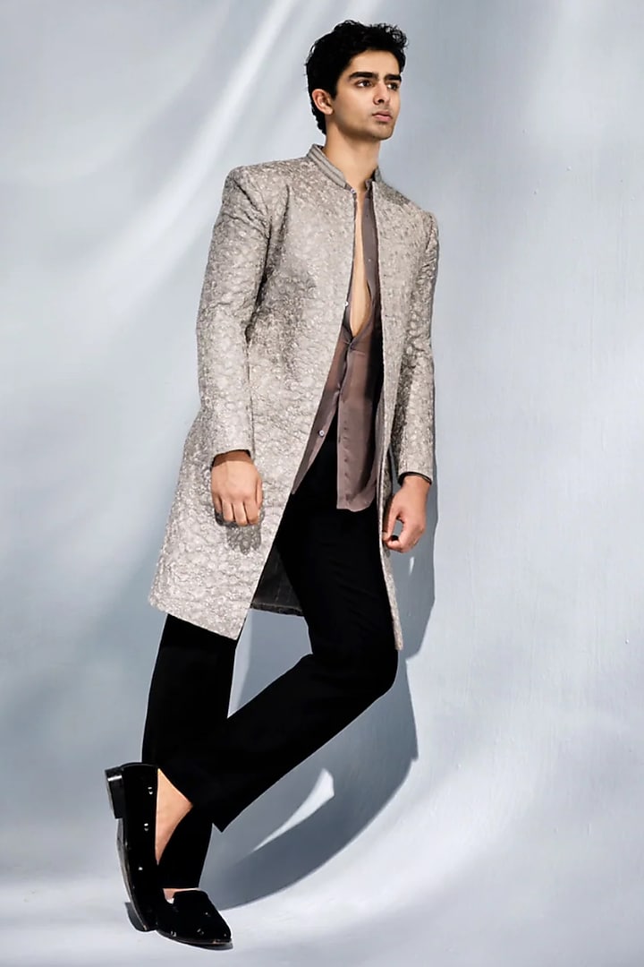 Grey Chanderi Groom Sherwani by Sawan Gandhi Men at Pernia's Pop Up Shop