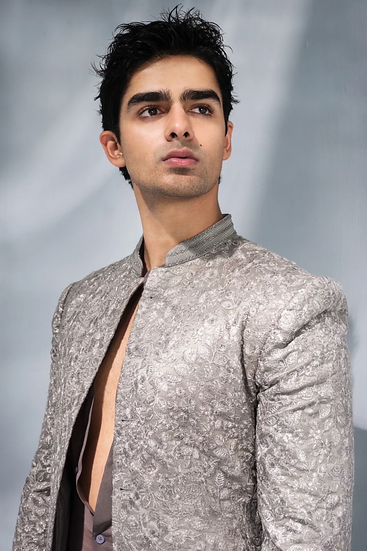 Grey Chanderi Groom Sherwani by Sawan Gandhi Men at Pernia's Pop Up Shop