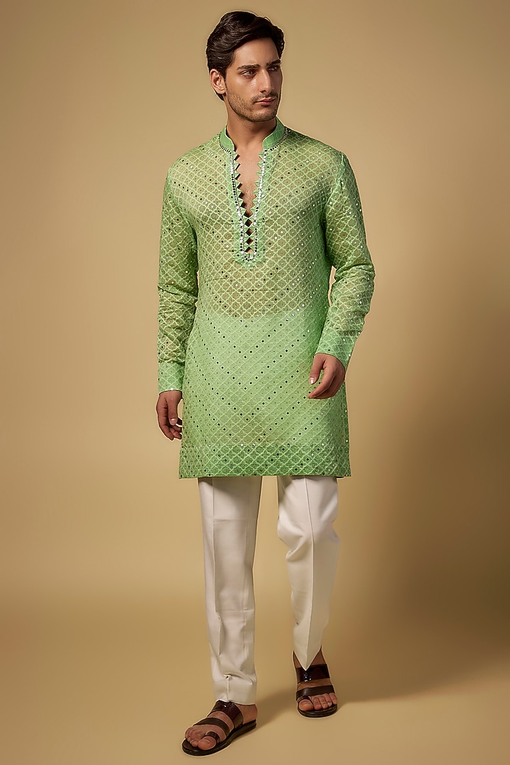 Pista Green Chanderi Kurta by Sawan Gandhi Men at Pernia's Pop Up Shop