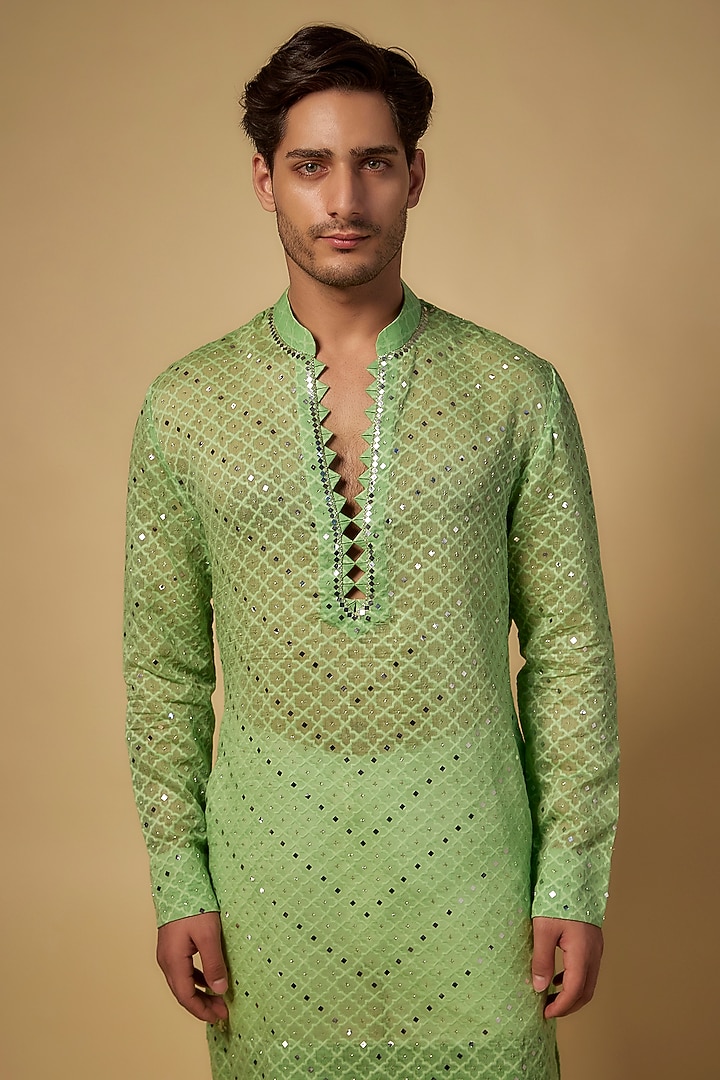 Pista Green Chanderi Kurta by Sawan Gandhi Men at Pernia's Pop Up Shop