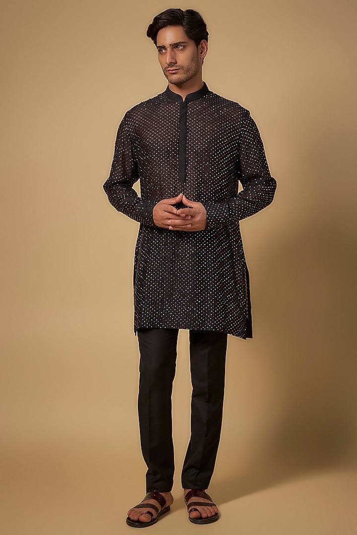 Black Chanderi Kurta by Sawan Gandhi Men at Pernia's Pop Up Shop