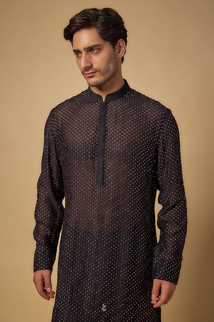 Black Chanderi Kurta by Sawan Gandhi Men at Pernia's Pop Up Shop