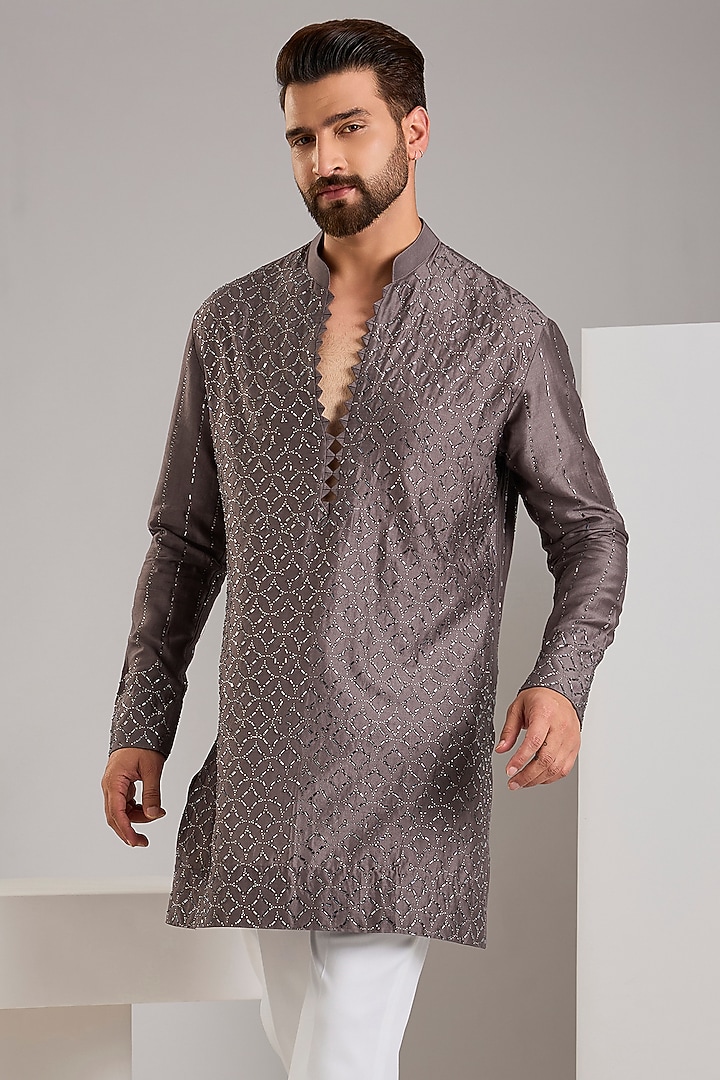 Taupe Chanderi Kurta by Sawan Gandhi Men at Pernia's Pop Up Shop