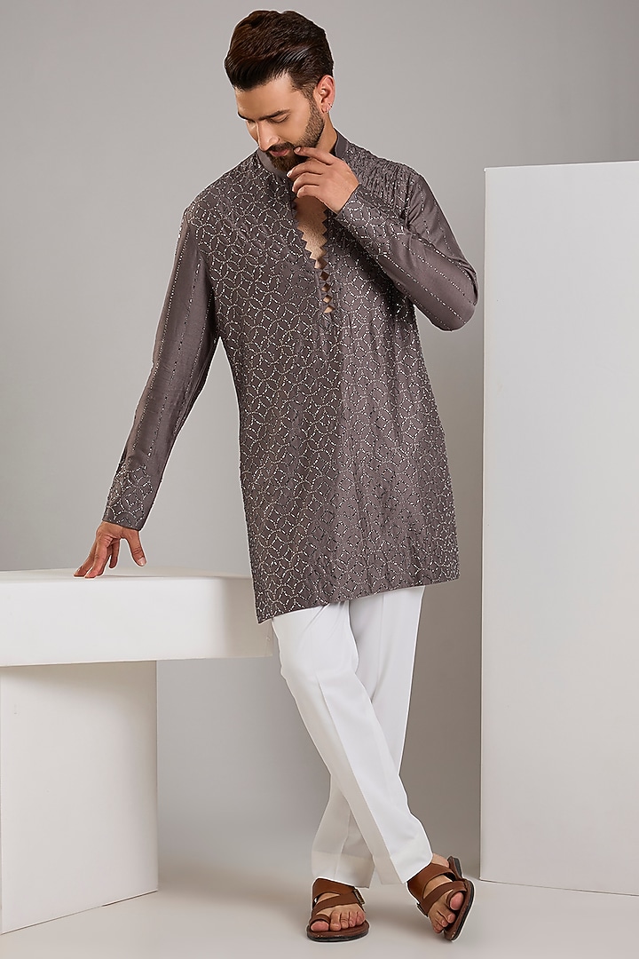 Taupe Chanderi Kurta by Sawan Gandhi Men at Pernia's Pop Up Shop