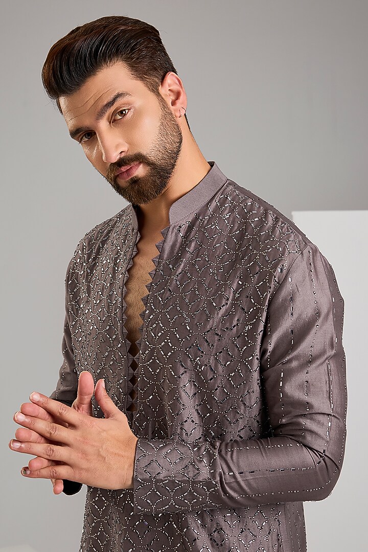 Taupe Chanderi Kurta by Sawan Gandhi Men at Pernia's Pop Up Shop
