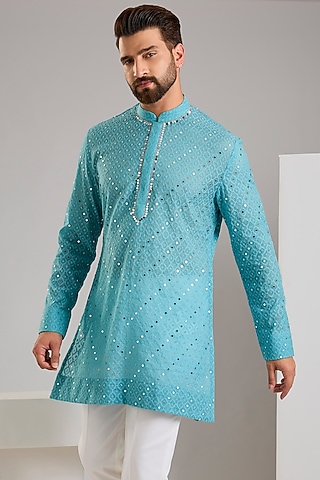 Turquoise Chanderi Kurta by Sawan Gandhi Men