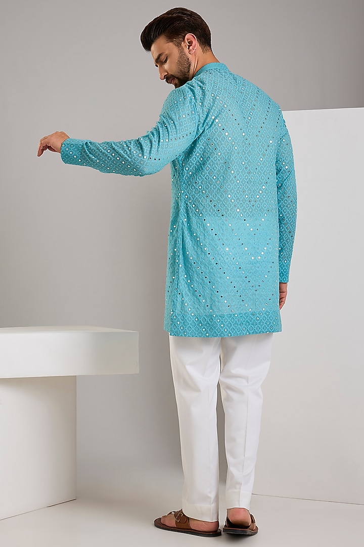Turquoise Chanderi Kurta by Sawan Gandhi Men at Pernia's Pop Up Shop