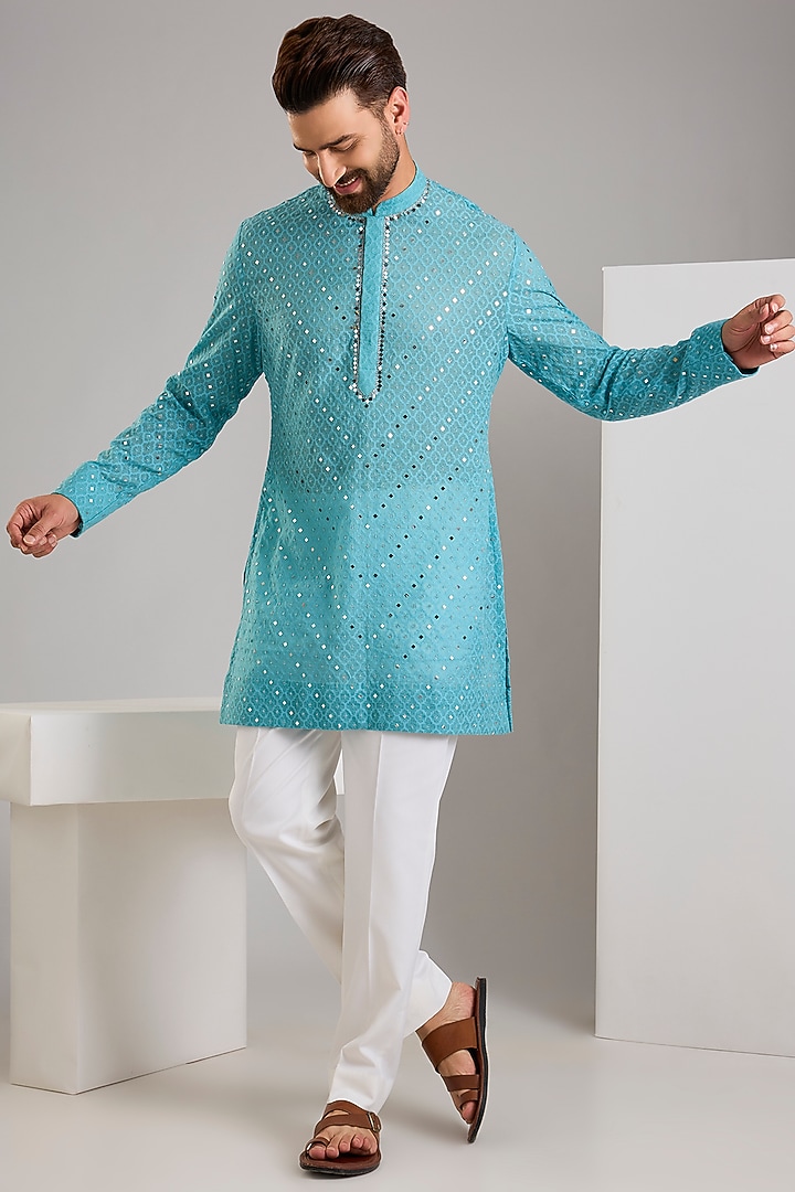 Turquoise Chanderi Kurta by Sawan Gandhi Men at Pernia's Pop Up Shop