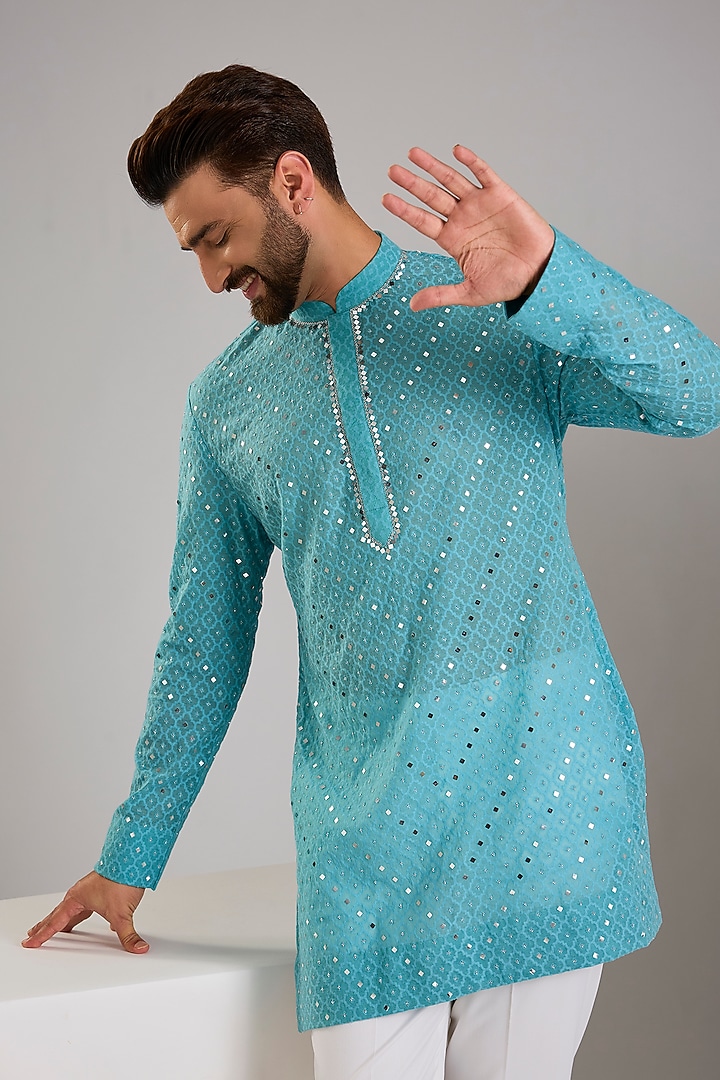 Turquoise Chanderi Kurta by Sawan Gandhi Men at Pernia's Pop Up Shop