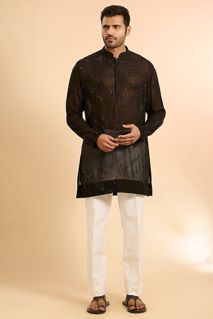 Black Georgette Kurta by Sawan Gandhi Men at Pernia's Pop Up Shop