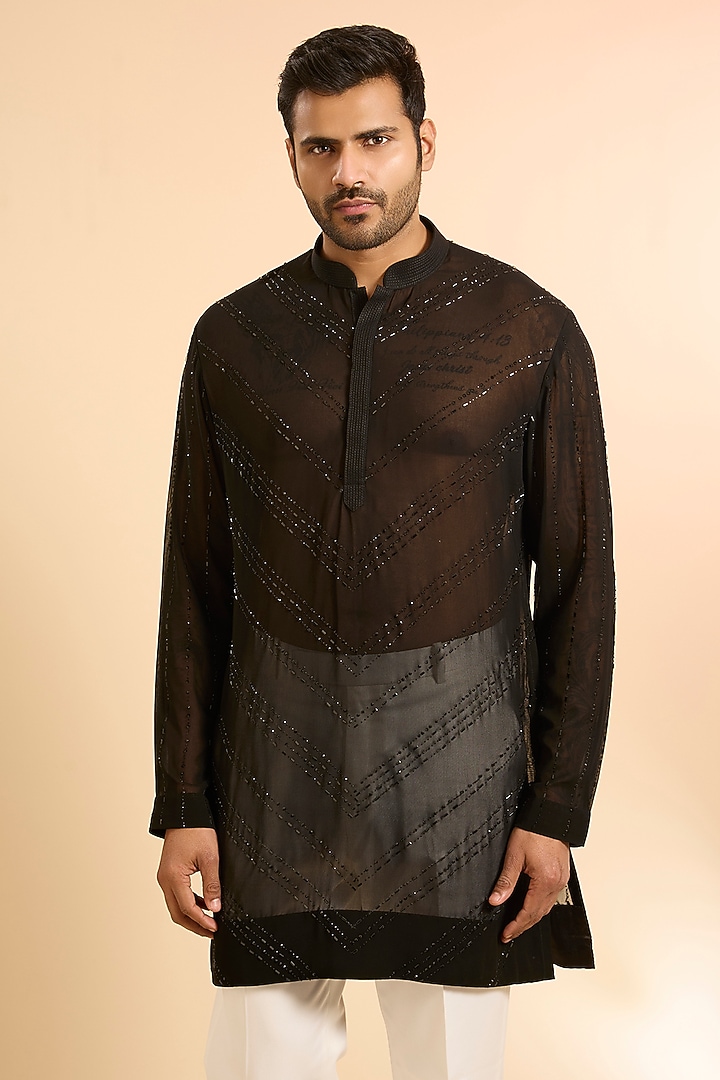 Black Georgette Kurta by Sawan Gandhi Men at Pernia's Pop Up Shop