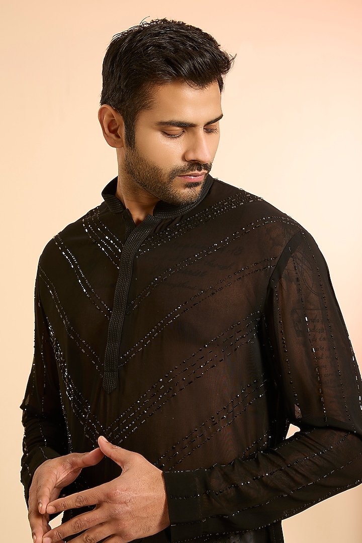 Black Georgette Kurta by Sawan Gandhi Men at Pernia's Pop Up Shop