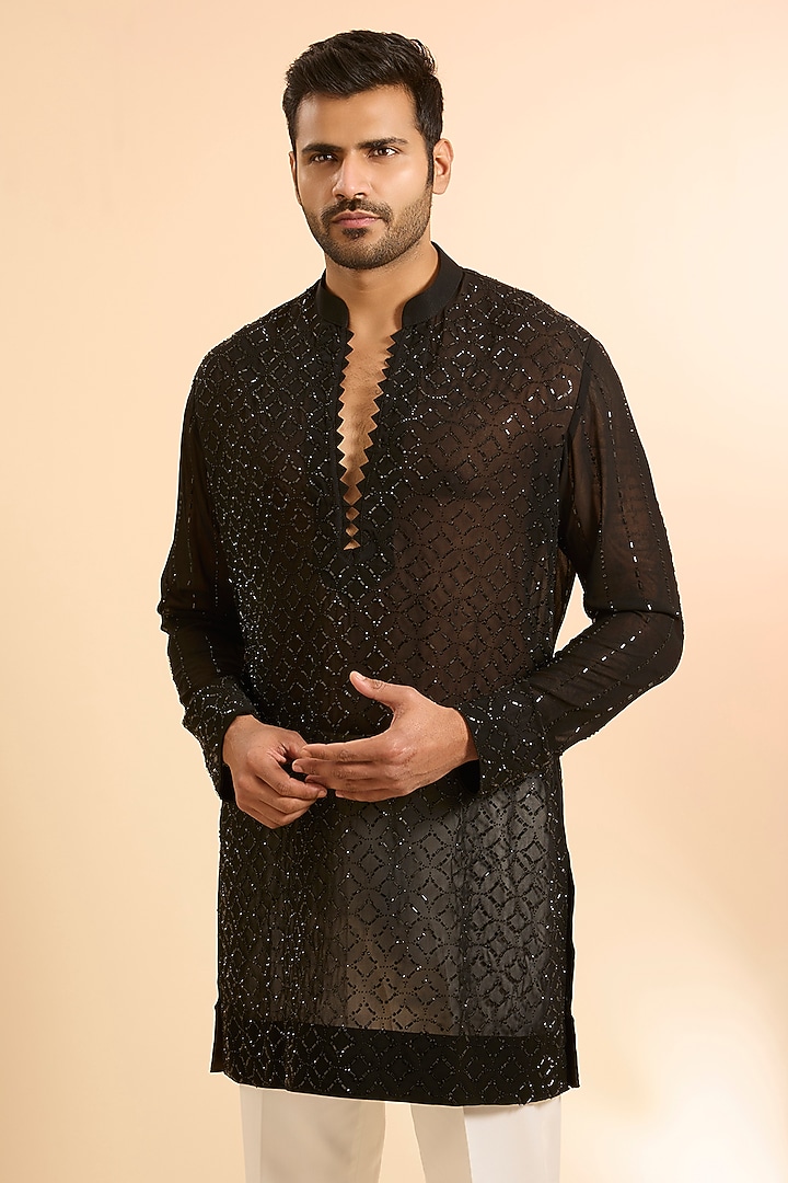 Black Georgette Kurta by Sawan Gandhi Men at Pernia's Pop Up Shop