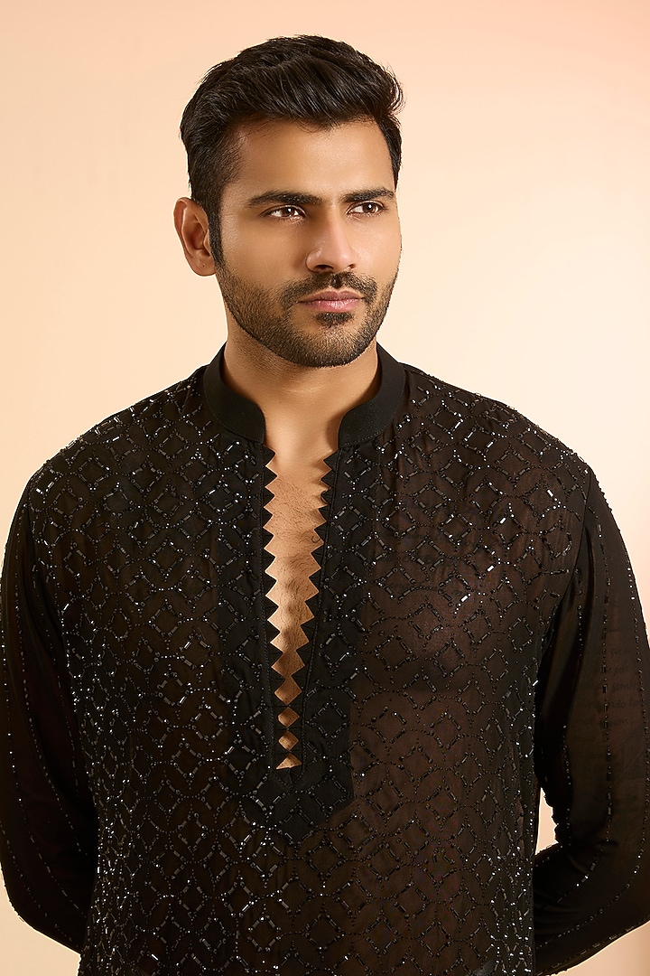 Black Georgette Kurta by Sawan Gandhi Men at Pernia's Pop Up Shop