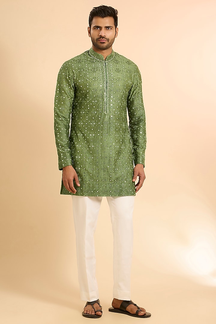 Green Silk Kurta by Sawan Gandhi Men at Pernia's Pop Up Shop